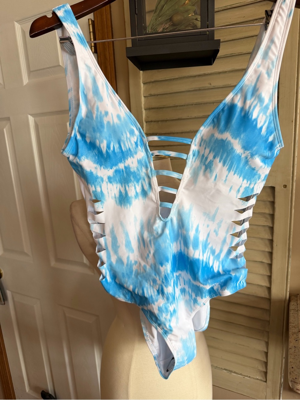 Xoxo Blue and White Tie-Dye One-Piece Swimsuit with Ladder Front